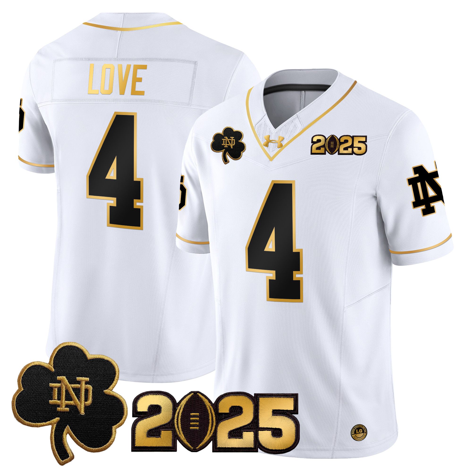 Men Notre Dame Fighting Irish 4 Love White 2025 CFP Final Patch Gold Vapor Limited NCAA Jersey